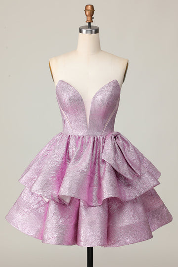 Light Purple Tiered A Line Strapless Homecoming Dress with Bow